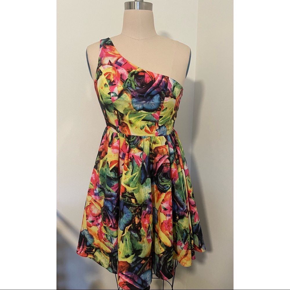 Minuet one shoulder neon floral dress